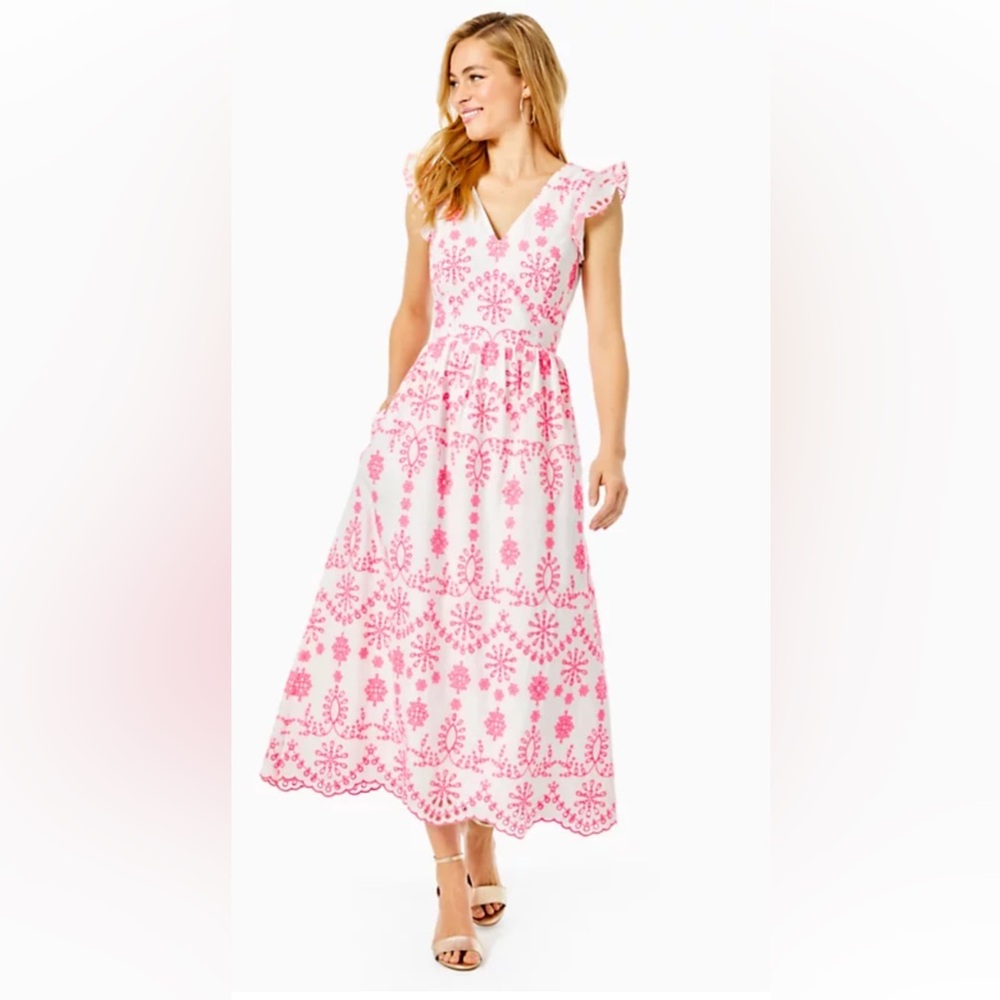 Lillyanne eyelet midi dress in karmic coral neon size 2